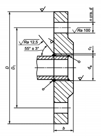 Размеры фланцев стальных плоских приварных (тип 01) и схема монтажа к трубе по ГОСТу 33259-2015