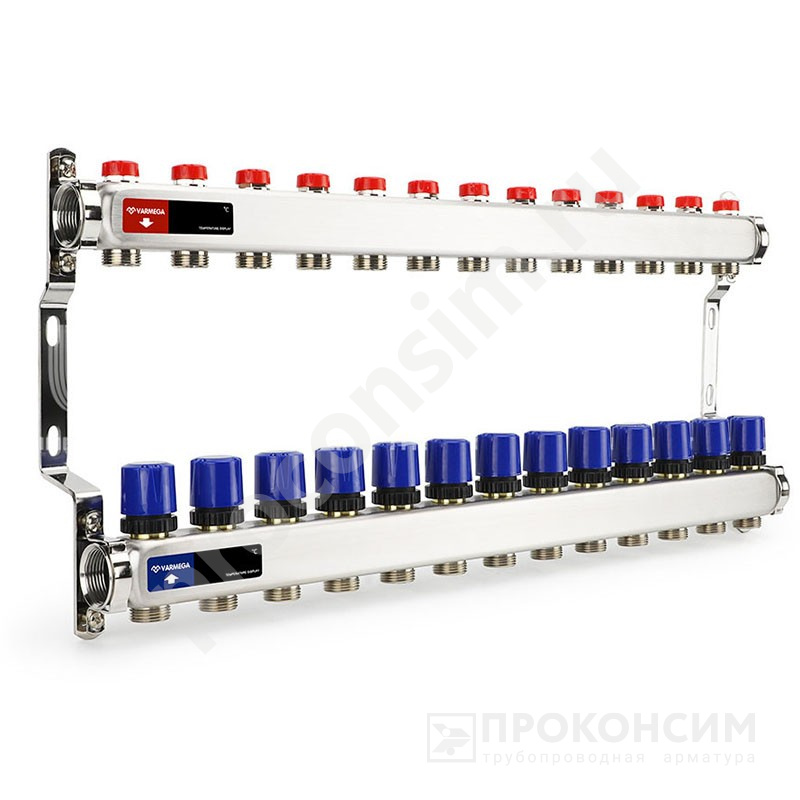 Цена [%TOWN_PRICE%].  Под заказ. Коллекторная группа из нержавеющей стали DN 25-13 вых. G-3/4'', евроконус, без расходомеров, без дренажного крана и воздухоотводчика, VARMEGA VM15513 (930416023) со склада Проконсим в Москве