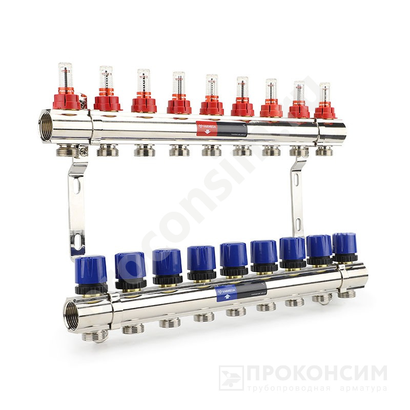 Цена [%TOWN_PRICE%].  Под заказ. Коллекторная группа из латуни DN 25-9 вых. G-3/4'', евроконус, с расходомерами, без дренажного крана и воздухоотводчика, VARMEGA VM15409 (930416507) со склада Проконсим в Москве