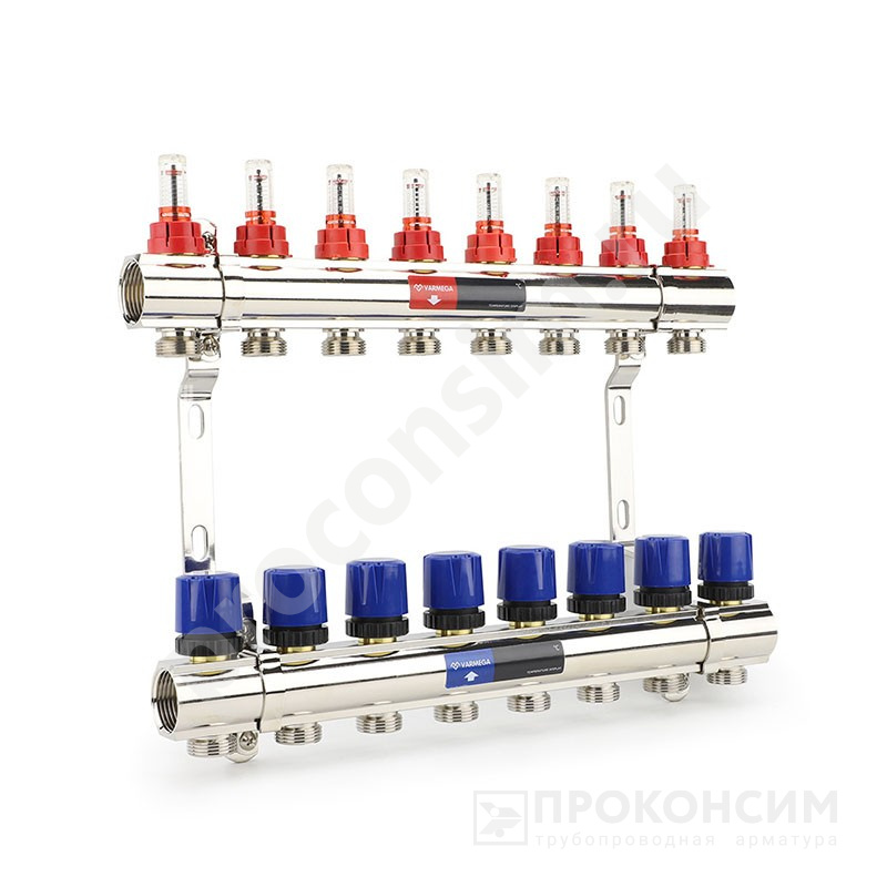 Цена [%TOWN_PRICE%].  Под заказ. Коллекторная группа из латуни DN 25-8 вых. G-3/4'', евроконус, с расходомерами, без дренажного крана и воздухоотводчика, VARMEGA VM15408 (930416506) со склада Проконсим в Москве