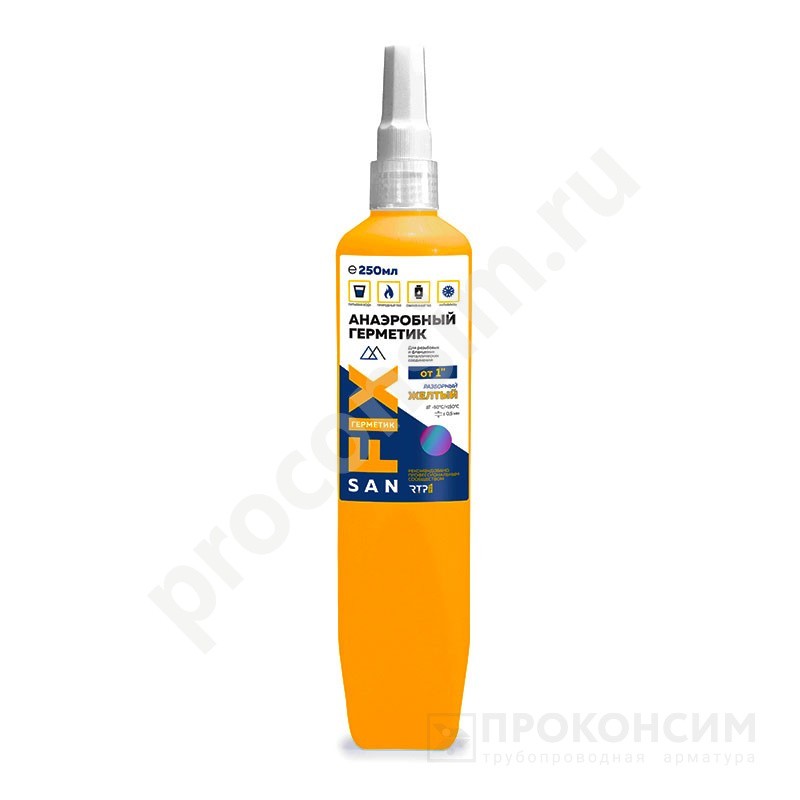 Цена 1 230 рублей с НДС.  Ожидается пополнение. Гель-герметик SANFIX 250мл. от 1'' до 3'', анаэробный уплотнительный, жёлтый, флакон (293800135) со склада Проконсим в Москве