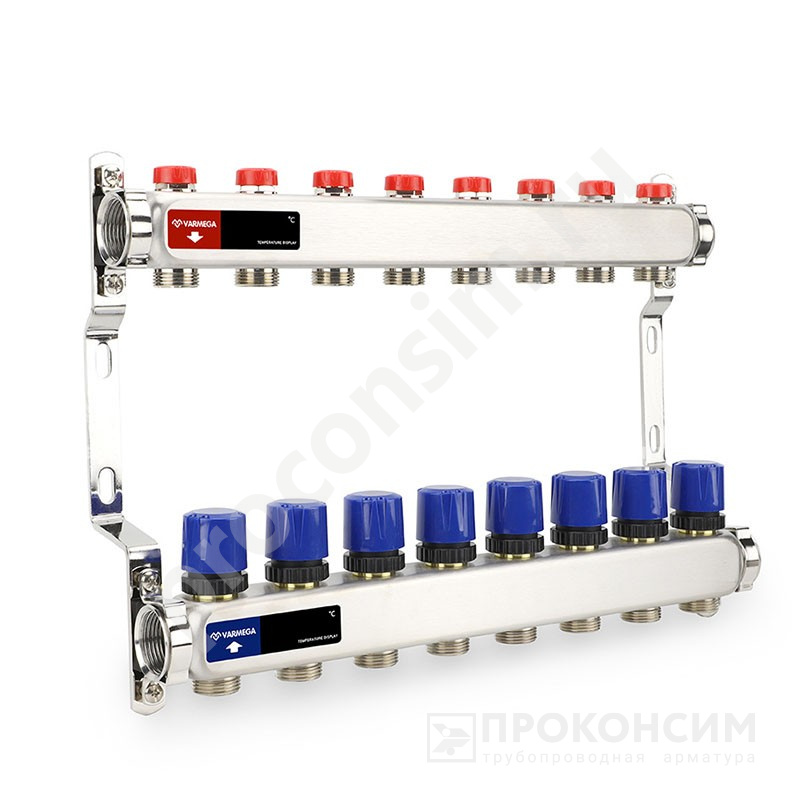Цена [%TOWN_PRICE%].  Под заказ. Коллекторная группа из нержавеющей стали DN 25-8 вых. G-3/4'', евроконус, без расходомеров, без дренажного крана и воздухоотводчика, VARMEGA VM15508 (930416018) со склада Проконсим в Москве