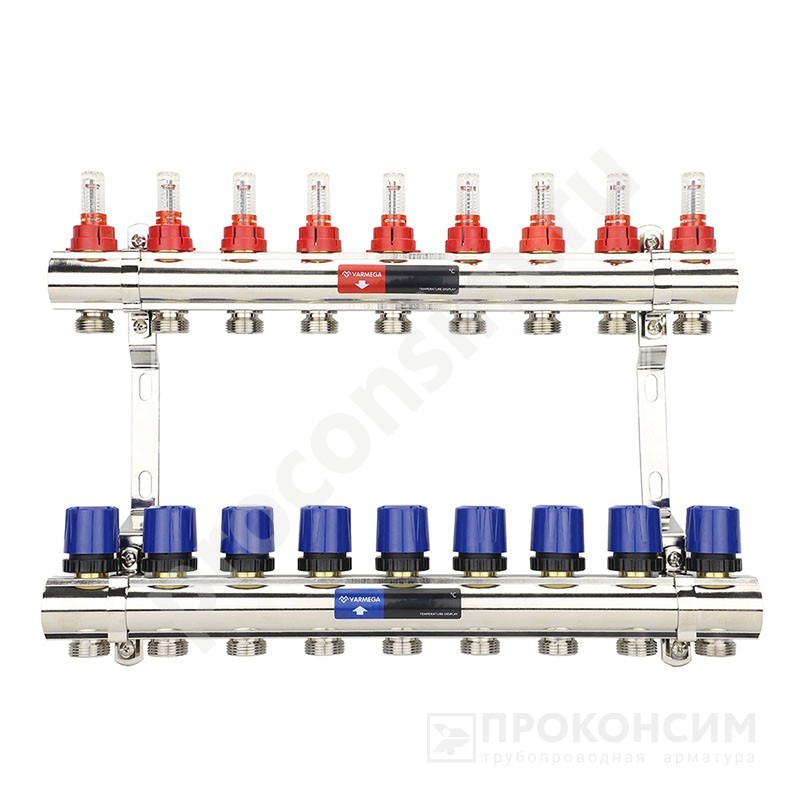 Цена по запросу.  Под заказ. Коллекторная группа из латуни DN 25-9 вых. G-3/4'', евроконус, с расходомерами, без дренажного крана и воздухоотводчика, VARMEGA VM15409 (930416507) со склада Проконсим в Москве