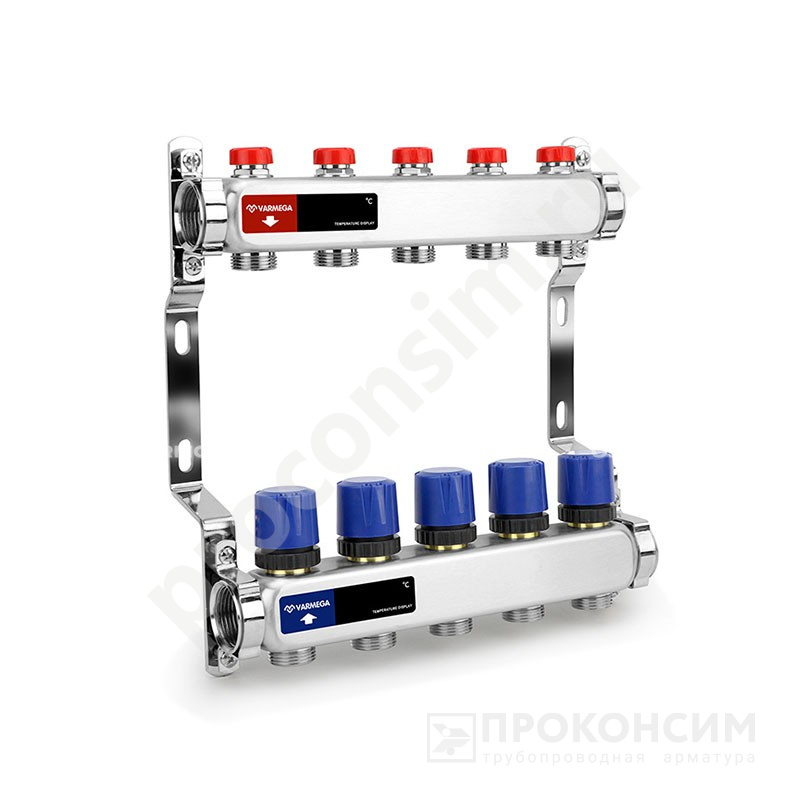 Цена [%TOWN_PRICE%].  Под заказ. Коллекторная группа из нержавеющей стали DN 25-5 вых. G-3/4'', евроконус, без расходомеров, без дренажного крана и воздухоотводчика, VARMEGA VM15505 (930416015) со склада Проконсим в Москве