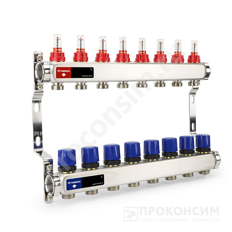 Цена [%TOWN_PRICE%].  Под заказ. Коллекторная группа из нержавеющей стали DN 25-8 вых. G-3/4'', евроконус, с расходомерами, без дренажного крана и воздухоотводчика, VARMEGA VM15108 (930416006) со склада Проконсим в Москве