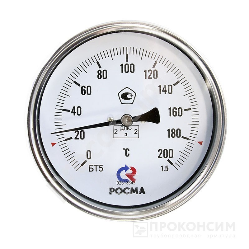 Цена 1 260 рублей с НДС.  В наличии. Термометр биметаллический БТ-51.211, DN 100, L 100мм, G1/2'', 0+120гр. латунный, осевой РОСМА (923203243) со склада Проконсим в Москве