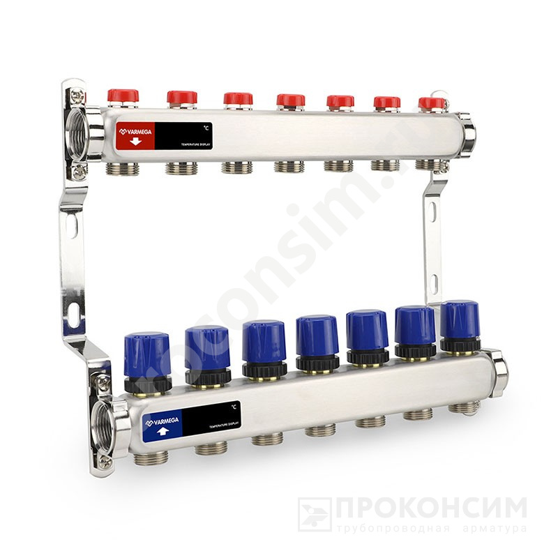 Цена [%TOWN_PRICE%].  Под заказ. Коллекторная группа из нержавеющей стали DN 25-7 вых. G-3/4'', евроконус, без расходомеров, без дренажного крана и воздухоотводчика, VARMEGA VM15507 (930416017) со склада Проконсим в Москве