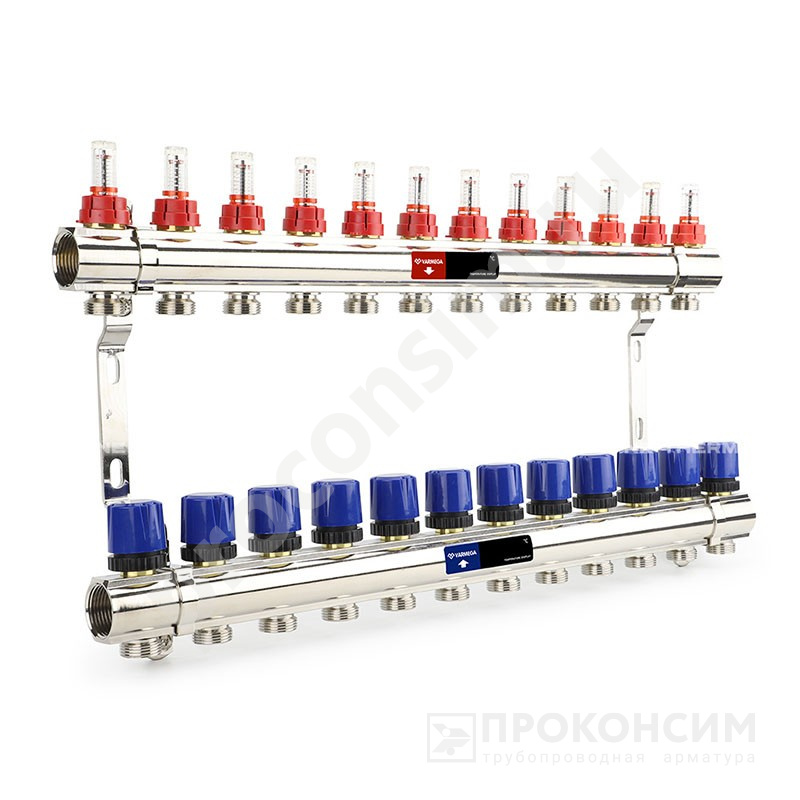 Цена [%TOWN_PRICE%].  Под заказ. Коллекторная группа из латуни DN 25-12 вых. G-3/4'', евроконус, с расходомерами, без дренажного крана и воздухоотводчика, VARMEGA VM15412 (930416510) со склада Проконсим в Москве