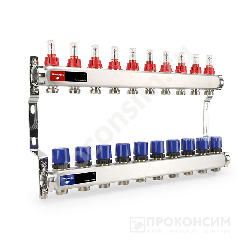 Цена [%TOWN_PRICE%].  Под заказ. Коллекторная группа из нержавеющей стали DN 25-10 вых. G-3/4'', евроконус, с расходомерами, без дренажного крана и воздухоотводчика, VARMEGA VM15110 (930416008) со склада Проконсим в Москве
