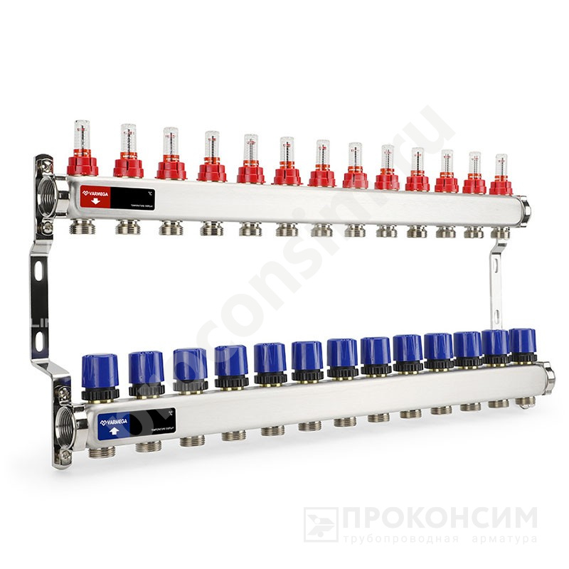 Цена [%TOWN_PRICE%].  Под заказ. Коллекторная группа из нержавеющей стали DN 25-13 вых. G-3/4'', евроконус, с расходомерами, без дренажного крана и воздухоотводчика, VARMEGA VM15113 (930416011) со склада Проконсим в Москве