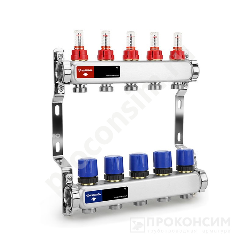 Цена [%TOWN_PRICE%].  Под заказ. Коллекторная группа из нержавеющей стали DN 25-5 вых. G-3/4'', евроконус, с расходомерами, без дренажного крана и воздухоотводчика, VARMEGA VM15105 (930416003) со склада Проконсим в Москве