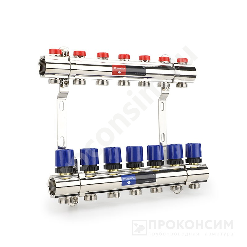 Цена [%TOWN_PRICE%].  Под заказ. Коллекторная группа из латуни DN 25-7 вых. G-3/4'', евроконус, без расходомеров, без дренажного крана и воздухоотводчика, VARMEGA VM15807 (930416517) со склада Проконсим в Москве