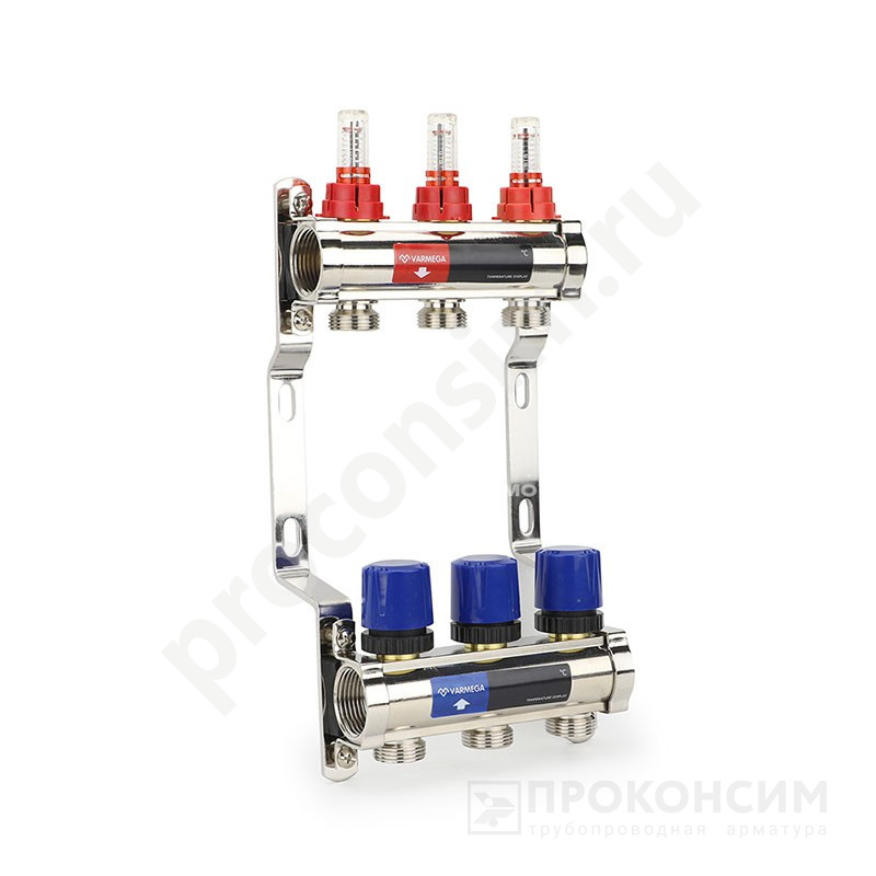 Цена [%TOWN_PRICE%].  Под заказ. Коллекторная группа из латуни DN 25-3 вых. G-3/4'', евроконус, с расходомерами, без дренажного крана и воздухоотводчика, VARMEGA VM15403 (930416501) со склада Проконсим в Москве