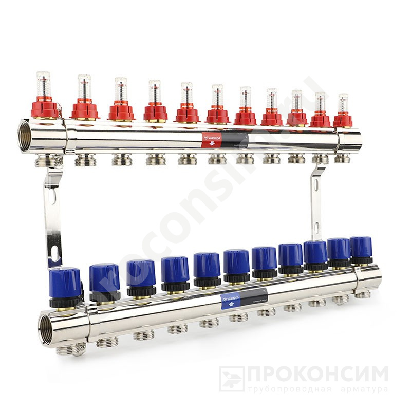 Цена [%TOWN_PRICE%].  Под заказ. Коллекторная группа из латуни DN 25-11 вых. G-3/4'', евроконус, с расходомерами, без дренажного крана и воздухоотводчика, VARMEGA VM15411 (930416509) со склада Проконсим в Москве