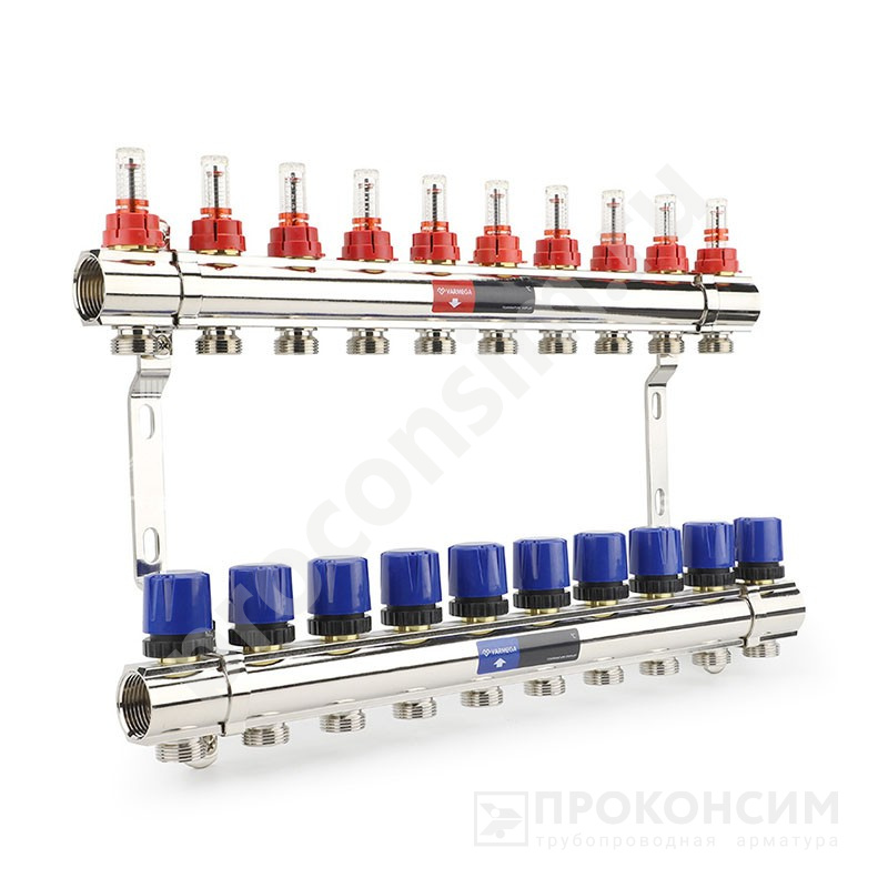 Цена [%TOWN_PRICE%].  Под заказ. Коллекторная группа из латуни DN 25-10 вых. G-3/4'', евроконус, с расходомерами, без дренажного крана и воздухоотводчика, VARMEGA VM15410 (930416508) со склада Проконсим в Москве