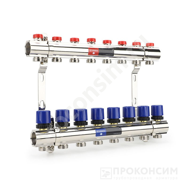 Цена [%TOWN_PRICE%].  Под заказ. Коллекторная группа из латуни DN 25-8 вых. G-3/4'', евроконус, без расходомеров, без дренажного крана и воздухоотводчика, VARMEGA VM15808 (930416518) со склада Проконсим в Москве