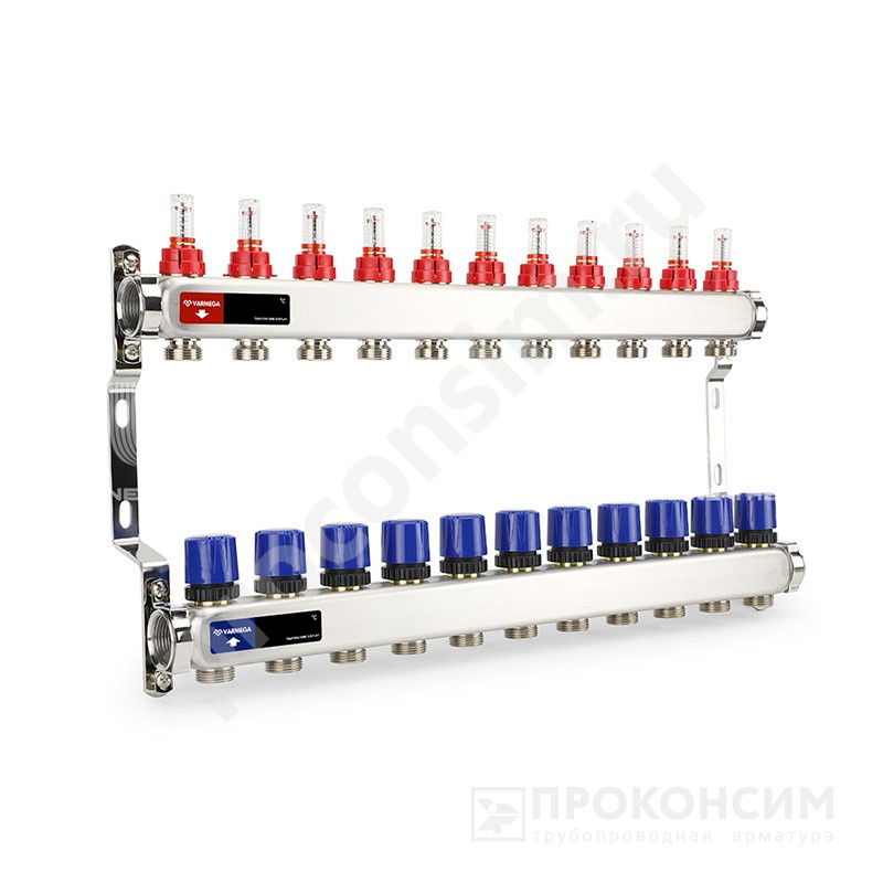 Цена [%TOWN_PRICE%].  Под заказ. Коллекторная группа из нержавеющей стали DN 25-11 вых. G-3/4'', евроконус, с расходомерами, без дренажного крана и воздухоотводчика, VARMEGA VM15111 (930416009) со склада Проконсим в Москве