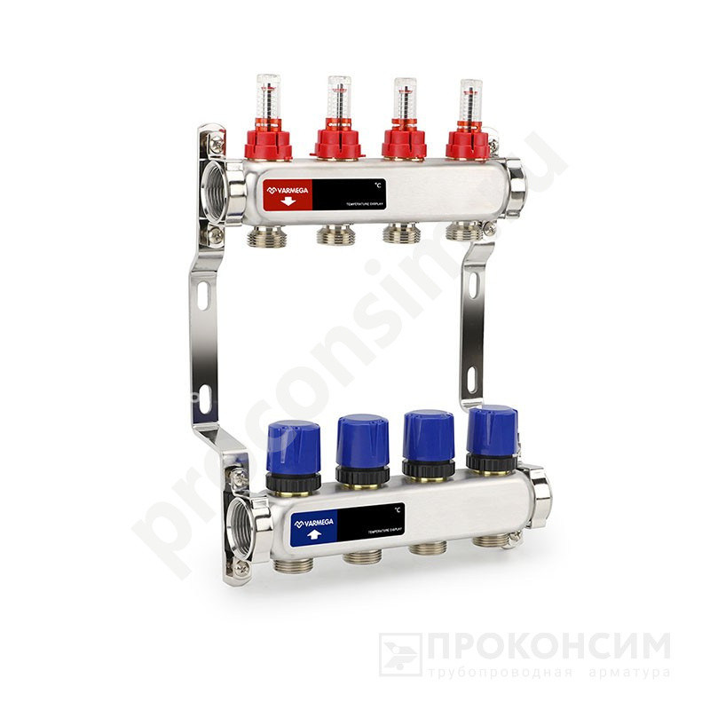 Цена [%TOWN_PRICE%].  Под заказ. Коллекторная группа из латуни DN 25-4 вых. G-3/4'', евроконус, с расходомерами, без дренажного крана и воздухоотводчика, VARMEGA VM15404 (930416502) со склада Проконсим в Москве