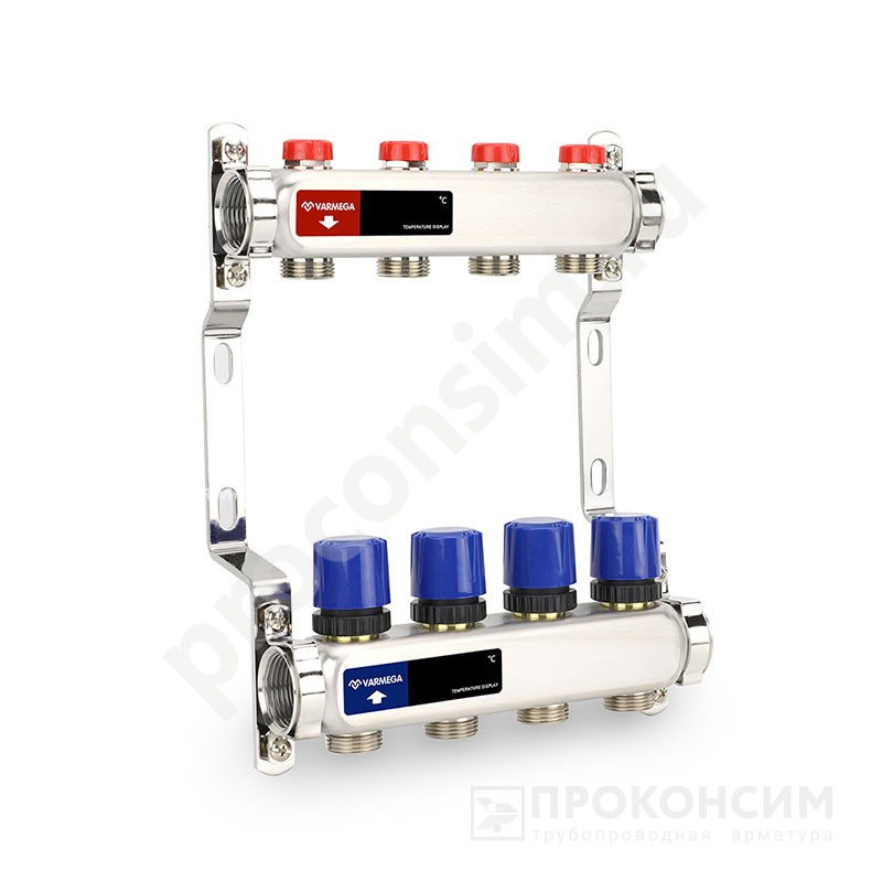 Цена [%TOWN_PRICE%].  Под заказ. Коллекторная группа из нержавеющей стали DN 25-4 вых. G-3/4'', евроконус, без расходомеров, без дренажного крана и воздухоотводчика, VARMEGA VM15504 (930416014) со склада Проконсим в Москве