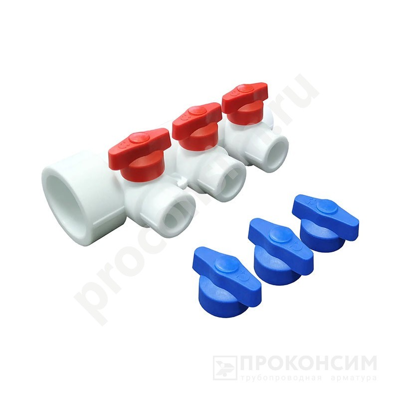Цена по запросу.  Под заказ. Коллектор универсальный VALFEX 40x20 PN 25 с отсечными кранами на 3 выхода белый 101134003 (930024425) со склада Проконсим в Москве