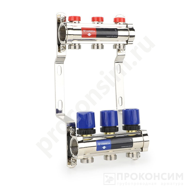 Цена [%TOWN_PRICE%].  Под заказ. Коллекторная группа из латуни DN 25-3 вых. G-3/4'', евроконус, без расходомеров, без дренажного крана и воздухоотводчика, VARMEGA VM15803 (930416513) со склада Проконсим в Москве