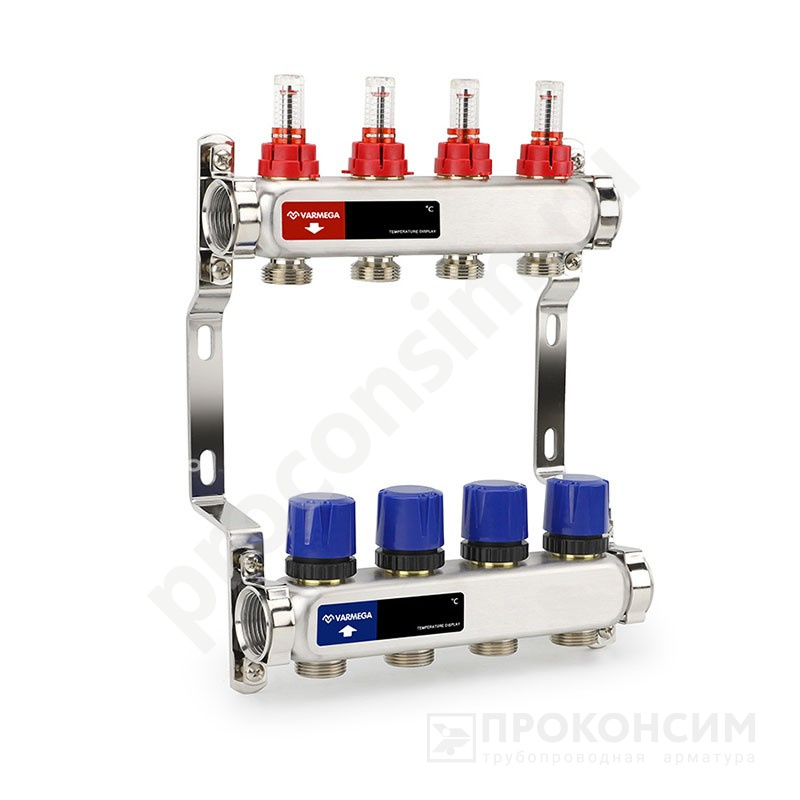 Цена [%TOWN_PRICE%].  Под заказ. Коллекторная группа из нержавеющей стали DN 25-4 вых. G-3/4'', евроконус, с расходомерами, без дренажного крана и воздухоотводчика, VARMEGA VM15104 (930416002) со склада Проконсим в Москве