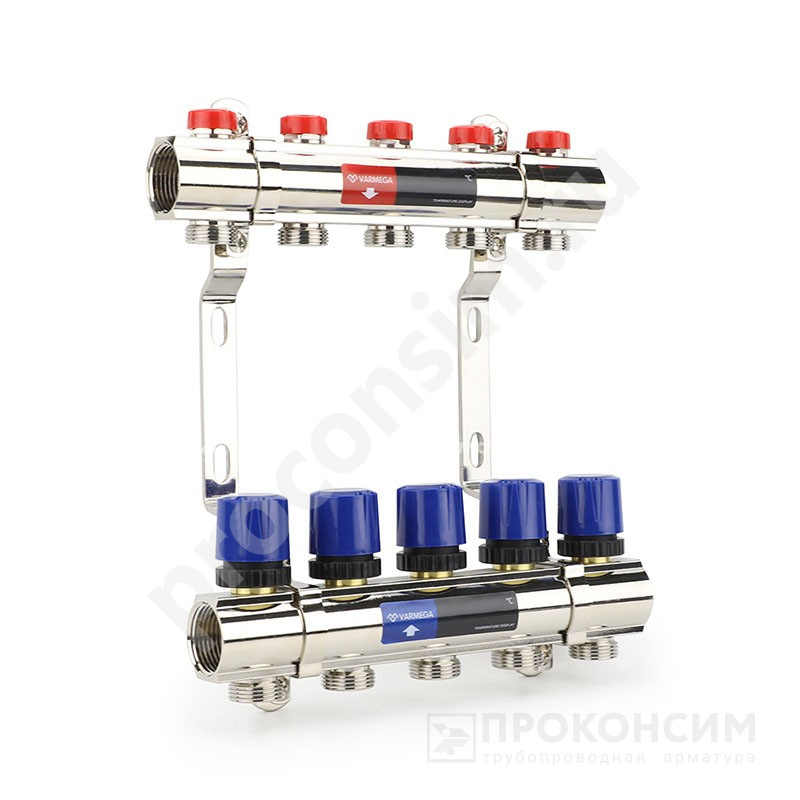 Цена [%TOWN_PRICE%].  Под заказ. Коллекторная группа из латуни DN 25-5 вых. G-3/4'', евроконус, без расходомеров, без дренажного крана и воздухоотводчика, VARMEGA VM15805 (930416515) со склада Проконсим в Москве