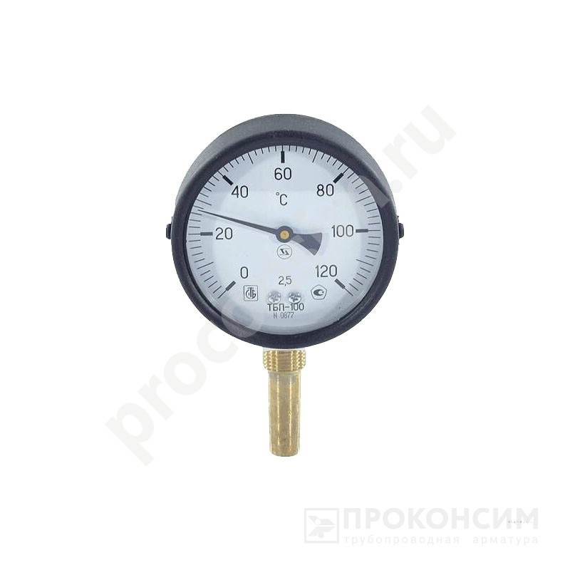Цена 1 056 рублей с НДС.  В наличии. Термометр биметаллический D100 L100мм латунный 0+150-160гр радиальный (184300764) со склада Проконсим в Москве
