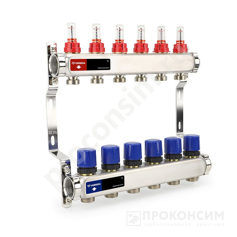 Цена [%TOWN_PRICE%].  Под заказ. Коллекторная группа из нержавеющей стали DN 25-6 вых. G-3/4'', евроконус, с расходомерами, без дренажного крана и воздухоотводчика, VARMEGA VM15106 (930416004) со склада Проконсим в Москве