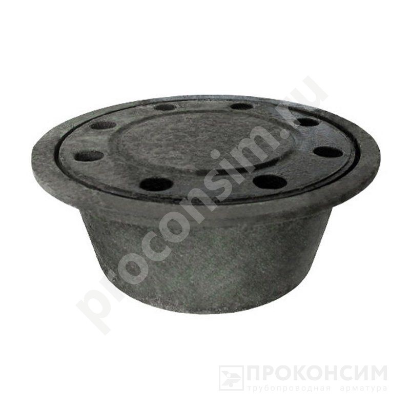 Цена 2 208 рублей с НДС.  В наличии. Трап круглый чугунный DN 50 с вертикальным выпуском и чугунной решеткой АКВАПРОМЛИТ (261400601) со склада Проконсим в Москве
