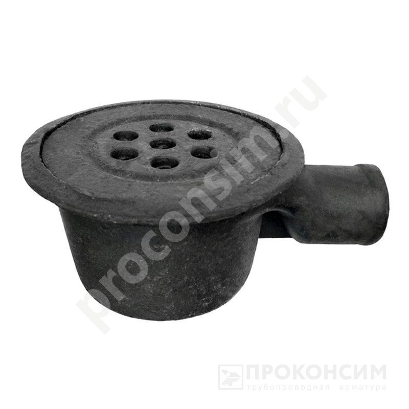 Цена 3 612 рубля с НДС.  В наличии. Трап круглый чугунный DN 100 с горизонтальным выпуском и чугунной решеткой АКВАПРОМЛИТ (261400222) со склада Проконсим в Москве