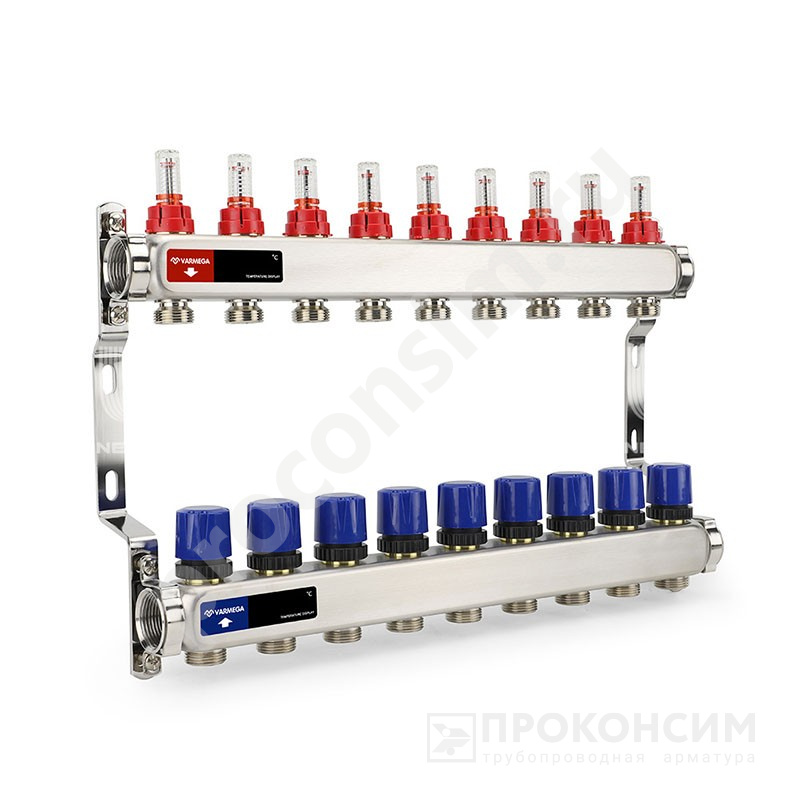 Цена [%TOWN_PRICE%].  Под заказ. Коллекторная группа из нержавеющей стали DN 25-9 вых. G-3/4'', евроконус, с расходомерами, без дренажного крана и воздухоотводчика, VARMEGA VM15109 (930416007) со склада Проконсим в Москве