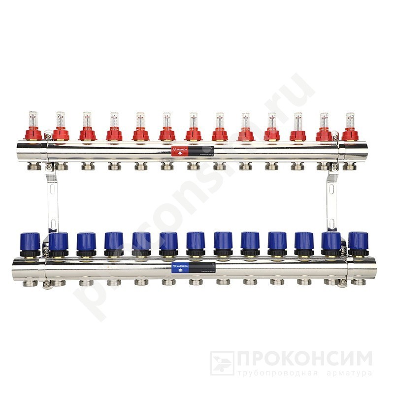Цена по запросу.  Под заказ. Коллекторная группа из латуни DN 25-13 вых. G-3/4'', евроконус, с расходомерами, без дренажного крана и воздухоотводчика, VARMEGA VM15413 (930416511) со склада Проконсим в Москве