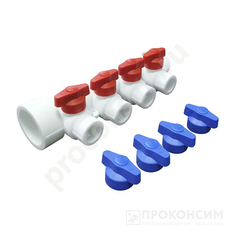 Цена по запросу.  Под заказ. Коллектор универсальный VALFEX 40x20 PN 25 с отсечными кранами на 4 выхода белый 101134004 (930024427) со склада Проконсим в Москве