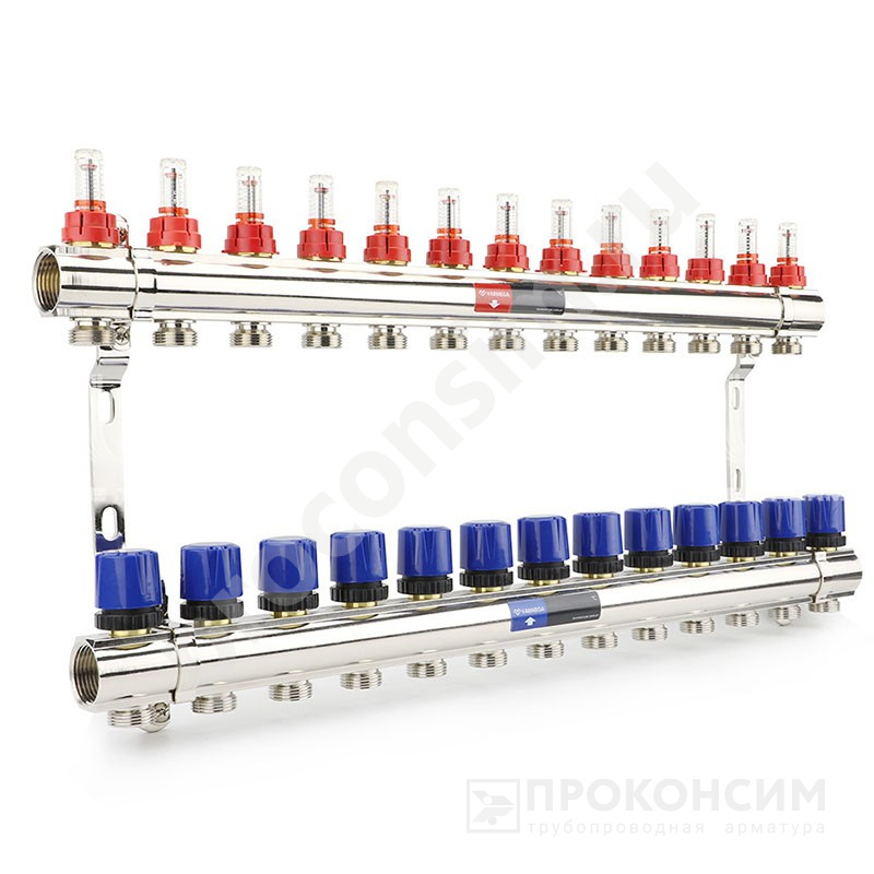 Цена [%TOWN_PRICE%].  Под заказ. Коллекторная группа из латуни DN 25-13 вых. G-3/4'', евроконус, с расходомерами, без дренажного крана и воздухоотводчика, VARMEGA VM15413 (930416511) со склада Проконсим в Москве