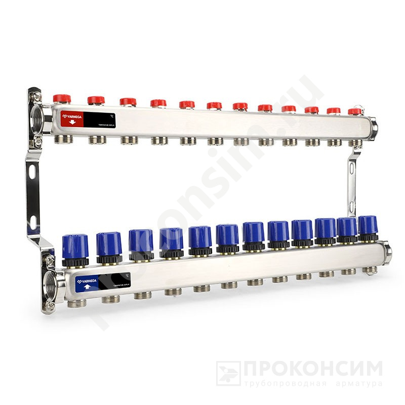 Цена [%TOWN_PRICE%].  Под заказ. Коллекторная группа из нержавеющей стали DN 25-12 вых. G-3/4'', евроконус, без расходомеров, без дренажного крана и воздухоотводчика, VARMEGA VM15512 (930416022) со склада Проконсим в Москве