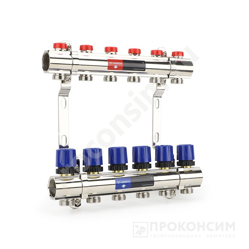 Цена [%TOWN_PRICE%].  Под заказ. Коллекторная группа из латуни DN 25-6 вых. G-3/4'', евроконус, без расходомеров, без дренажного крана и воздухоотводчика, VARMEGA VM15806 (930416516) со склада Проконсим в Москве