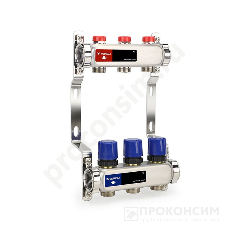 Цена [%TOWN_PRICE%].  Под заказ. Коллекторная группа из нержавеющей стали DN 25-3 вых. G-3/4'', евроконус, без расходомеров, без дренажного крана и воздухоотводчика, VARMEGA VM15503 (930416013) со склада Проконсим в Москве