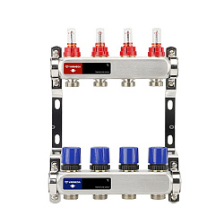 Коллекторная группа из нержавеющей стали DN 25-4 вых. G-3/4'', евроконус, с расходомерами, без дренажного крана и воздухоотводчика, VARMEGA VM15104  | Заказной непрайсовый (930416002) со склада Проконсим в Москве