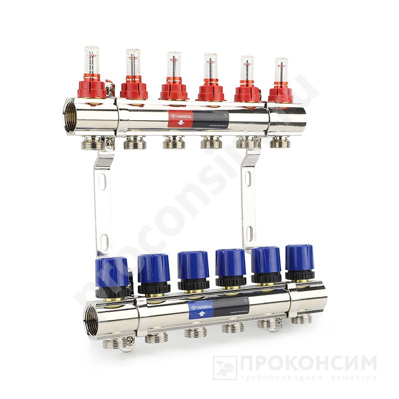 Цена [%TOWN_PRICE%].  Под заказ. Коллекторная группа из латуни DN 25-6 вых. G-3/4'', евроконус, с расходомерами, без дренажного крана и воздухоотводчика, VARMEGA VM15406 (930416504) со склада Проконсим в Москве