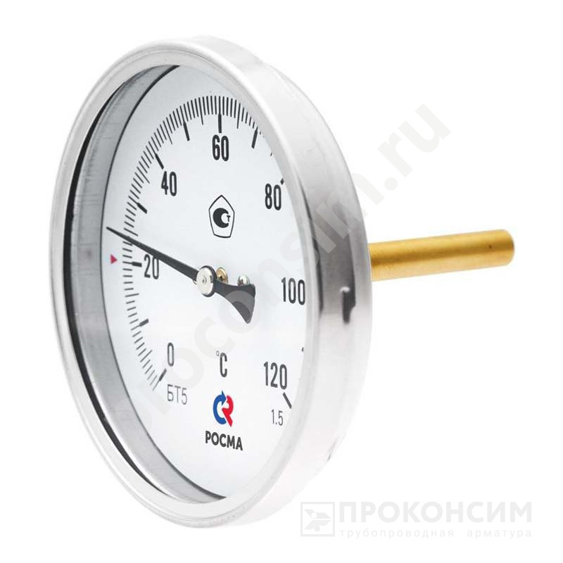 Цена [%TOWN_PRICE%].  В наличии. Термометр биметаллический БТ-51.211, DN 100, L 100мм, G1/2'', 0+120гр. латунный, осевой РОСМА (923203243) со склада Проконсим в Москве